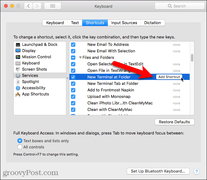 Κάντε κλικ στην επιλογή Προσθήκη συντόμευσης για την υπηρεσία Νέο Τερματικό σε Φάκελο σε Mac