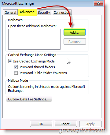 Προηγμένη καρτέλα ανταλλαγής στιγμιότυπων του Outlook 2010 προσθέστε γραμματοκιβώτιο