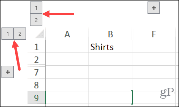 Ομαδοποιημένα κουμπιά αριθμών στηλών και σειρών στο Excel στα Windows