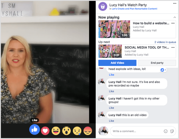 Τα μέλη της ομάδας μπορούν να σχολιάσουν και να αντιδράσουν σε βίντεο κατά τη διάρκεια ενός πάρτι παρακολούθησης στο Facebook.