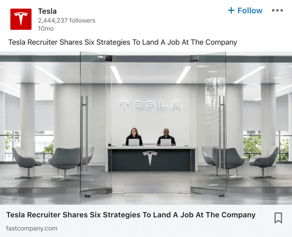 Παράδειγμα δημοσίευσης σελίδας εταιρείας Tesla LinkedIn.