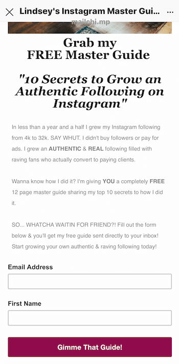παράδειγμα σελίδας προορισμού για μαγνήτη μολύβδου που προωθείται στην ιστορία του Instagram