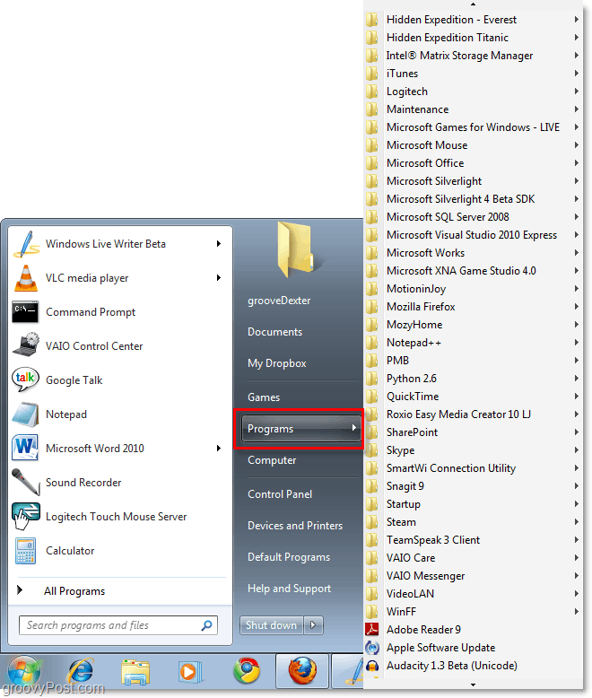 Windows 7 μενού έναρξης με το κλασικό xp Όλα τα προγράμματα εκκίνησης μενού