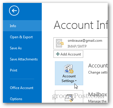 πώς να δημιουργήσετε το αρχείο pst για το Outlook 2013 - κάντε κλικ στις ρυθμίσεις λογαριασμού