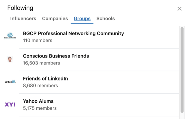 Διευρυμένο προφίλ LinkedIn πλαίσιο Ενδιαφέροντος με επιλεγμένη την καρτέλα Ομάδα