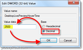 προσαρμόστε τις ιδιότητες dword σε δεκαδικά και δεδομένα τιμής στα 2500 για τα Windows 7 DesktopLivePreviewHoverTime