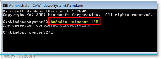 Windows 7 screenshot - εισάγετε bcdedit / timeout 180 στο cmd