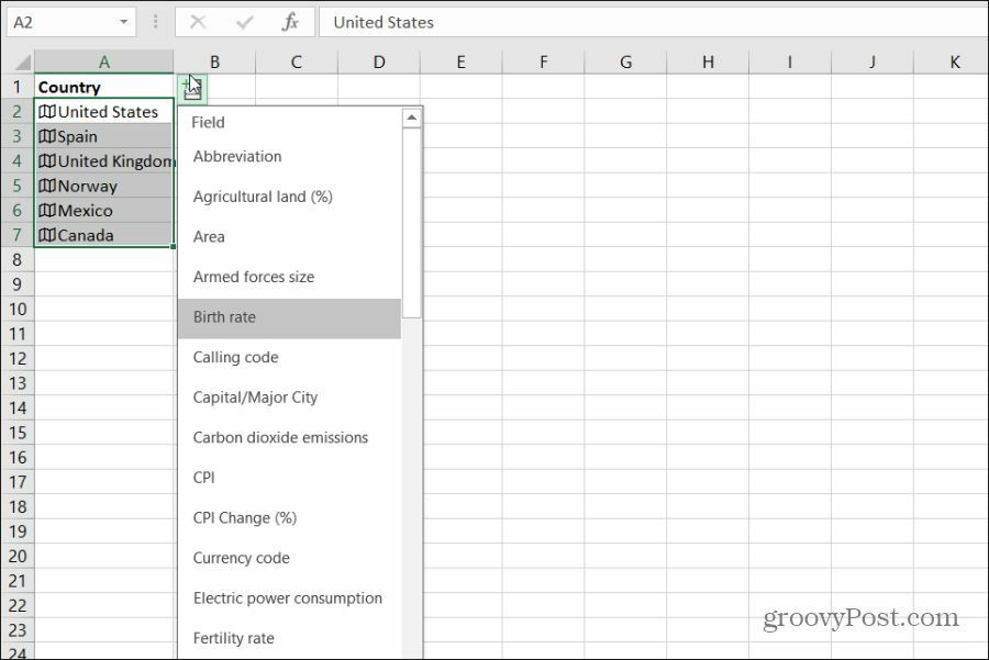 επιλέγοντας δεδομένα γεωγραφικής χώρας στο Excel