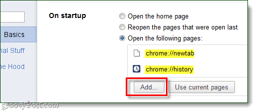 Εκκίνηση του Chrome Προσθήκη σελίδων για άνοιγμα