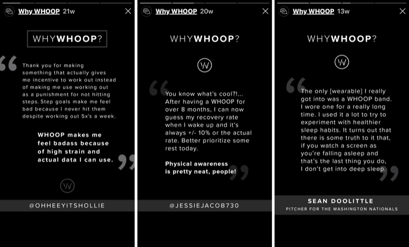 3 τμήματα ιστοριών Instagram με μαρτυρίες πελατών για το WHOOP