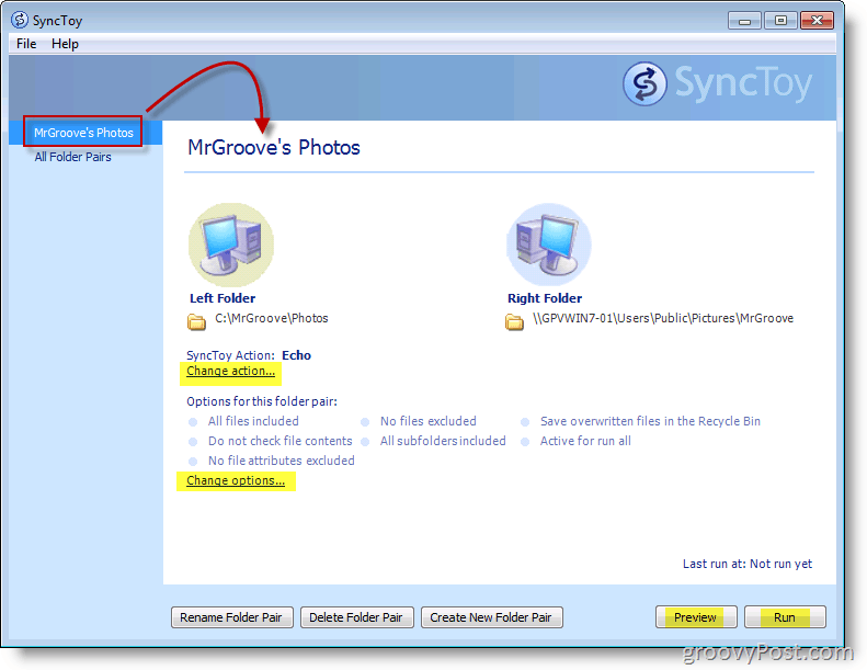 Στιγμιότυπο βασικού μενού της Microsoft SyncToy
