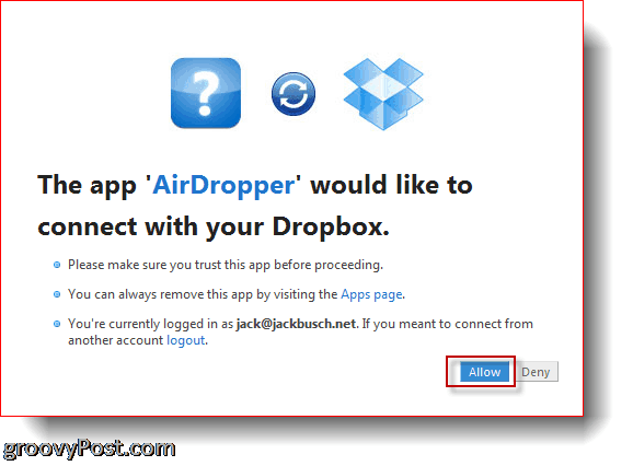 AirDropper Dropbox - συνδέστε την εφαρμογή με το Dropbox