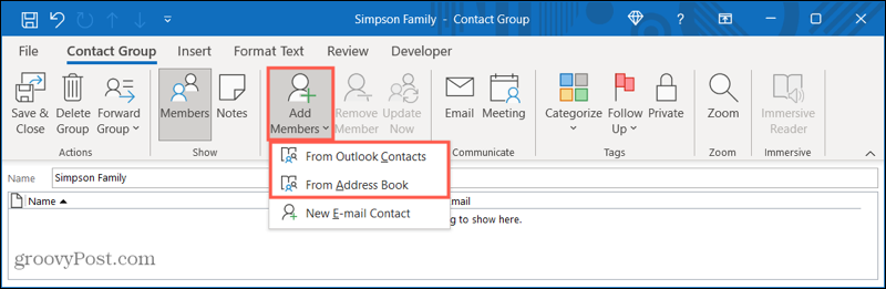 Προσθέστε μέλη σε μια νέα ομάδα επαφών στο Outlook