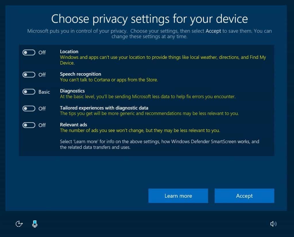 Windows 10, Προστασία προσωπικών δεδομένων, Ενημέρωση δημιουργών, OOBE