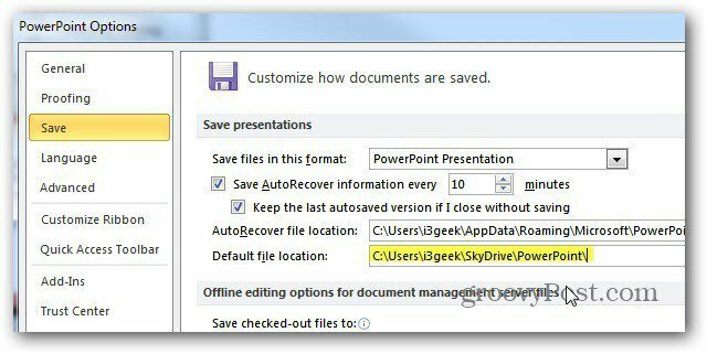 Αποθήκευση των εγγράφων του Microsoft Office στο SkyDrive από προεπιλογή