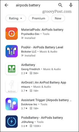 Μια λίστα με εφαρμογές κατάστασης AirPods τρίτων στο Google Play Store