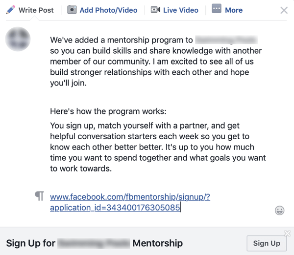Πώς να βελτιώσετε την κοινότητα της ομάδας σας στο Facebook, παράδειγμα ανακοίνωσης ομάδας για ένα πρόγραμμα καθοδήγησης στο Facebook