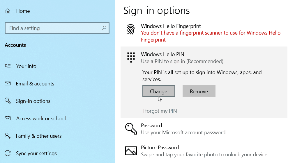 αλλαγή Προσθήκη PIN Windows 10