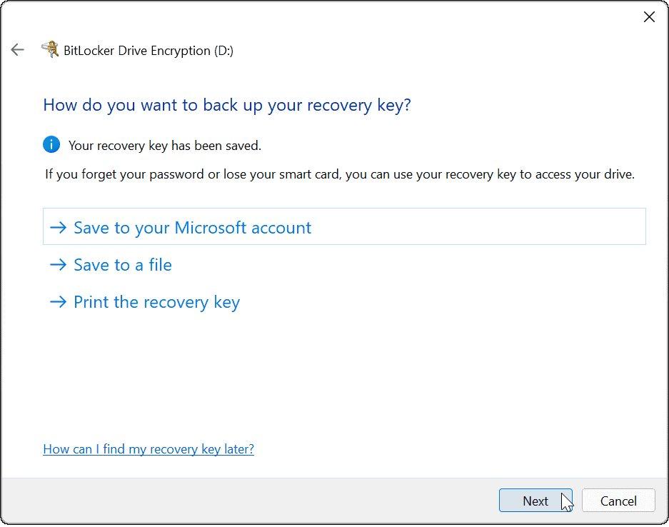 χρησιμοποιήστε το bitlocker για να μεταβείτε στο κλειδί ανάκτησης των Windows 11