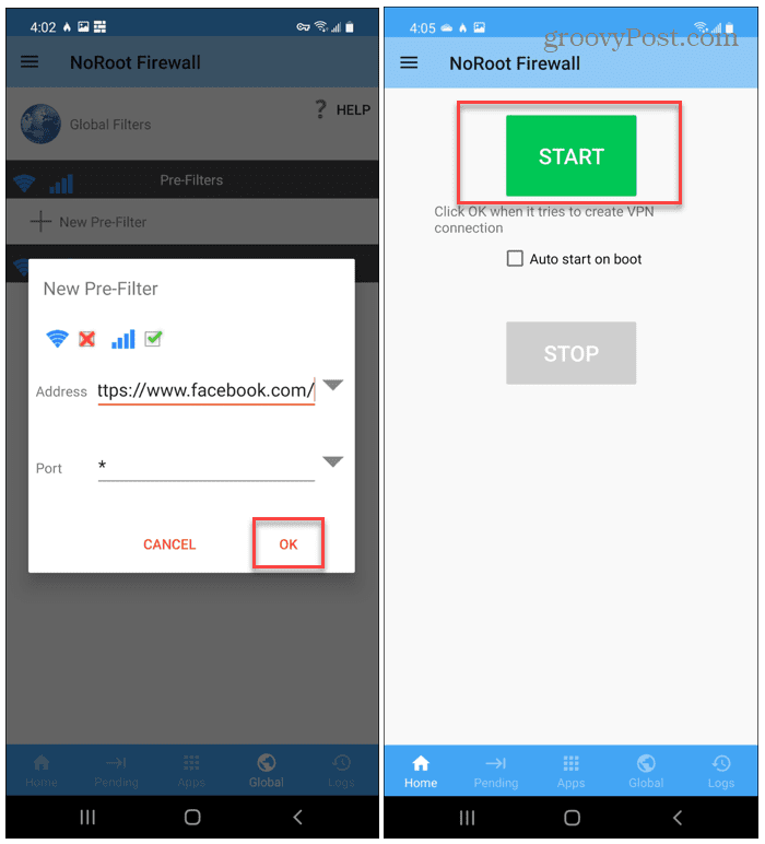 No Root Εισαγάγετε ιστότοπο για αποκλεισμό