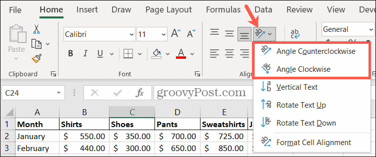 Επιλέξτε μια γωνία προσανατολισμού στο Excel για περιστροφή κειμένου