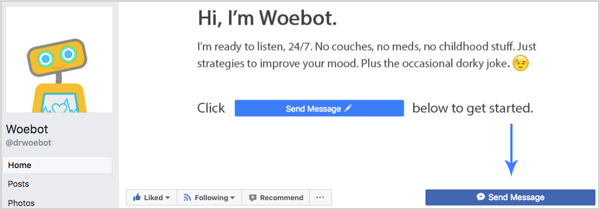 Το κουμπί Αποστολή μηνύματος στη σελίδα Woebot Facebook.