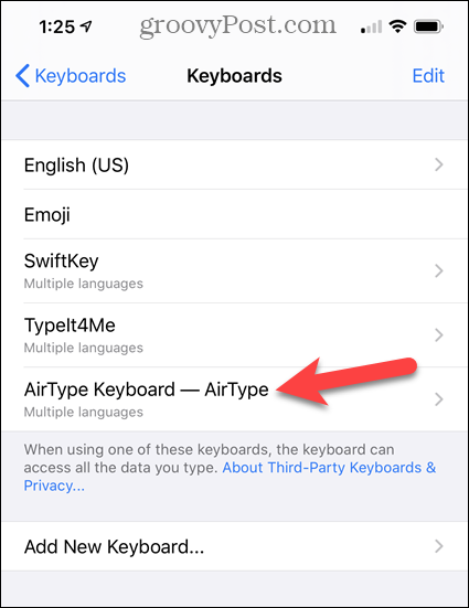 Αγγίξτε το πληκτρολόγιο AirType στη λίστα Πληκτρολόγια iPhone