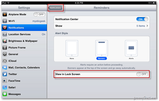 Apple iOS 5: Απενεργοποιήστε τις ειδοποιήσεις από την προβολή στην οθόνη κλειδώματος