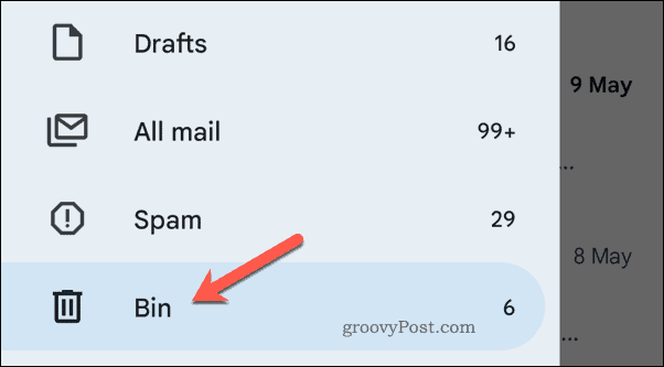 Άνοιγμα του κάδου απορριμμάτων στο Gmail σε κινητό