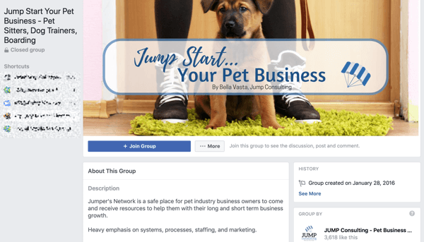 Τρόπος χρήσης των δυνατοτήτων του Facebook Groups, παράδειγμα ομάδας για το Jump Start Your Pet Business