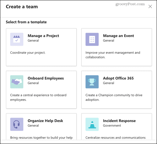 Επιλέξτε ένα από τα πρότυπα του Microsoft Teams