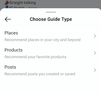 παράδειγμα instagram create guide επιλέξτε μενού τύπου οδηγού που προσφέρει επιλογές θέσεων, προϊόντων και postsexample instagram create guide επιλέξτε μενού τύπου οδηγού που προσφέρει επιλογές θέσεων, προϊόντων και δημοσιεύσεις