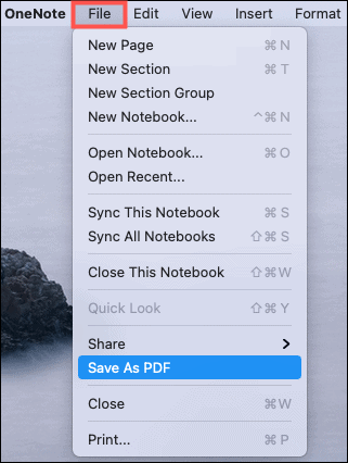Αποθήκευση ως PDF OneNote Mac