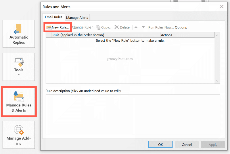 Δημιουργία νέου κανόνα στο Outlook