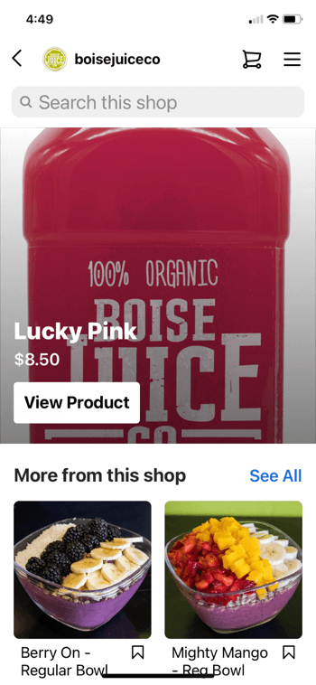 παράδειγμα αγορές προϊόντων instagram από το @boisejuiceco με τυχερό ροζ για 8,50 $ και κάτω από αυτό Κατάστημα εμφανίζεται ένα μούρο σε κανονικό μπολ, και ένα πανίσχυρο μάνγκο-κανονικό μπολ μαζί με τη δυνατότητα αναζήτησης στο κατάστημα