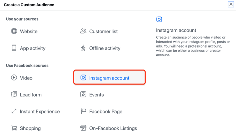 Ο διαχειριστής διαφημίσεων facebook δημιουργεί ένα προσαρμοσμένο μενού κοινού με επισημασμένη την επιλογή λογαριασμού instagram
