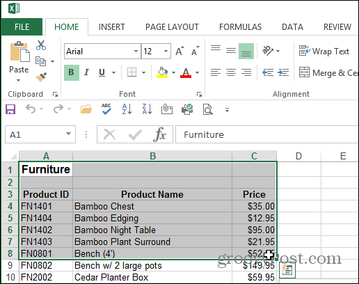 Επιλέξτε περιοχή εγγράφου Excel