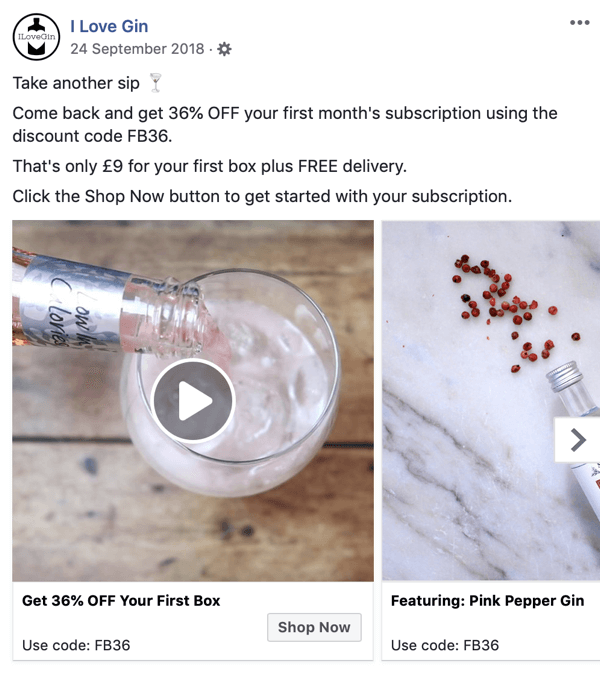 Πώς να δημιουργήσετε διαφημίσεις προσέγγισης χρηστών στο Facebook, βήμα 8, παράδειγμα δημιουργικού διαφήμισης από το I Love Gin