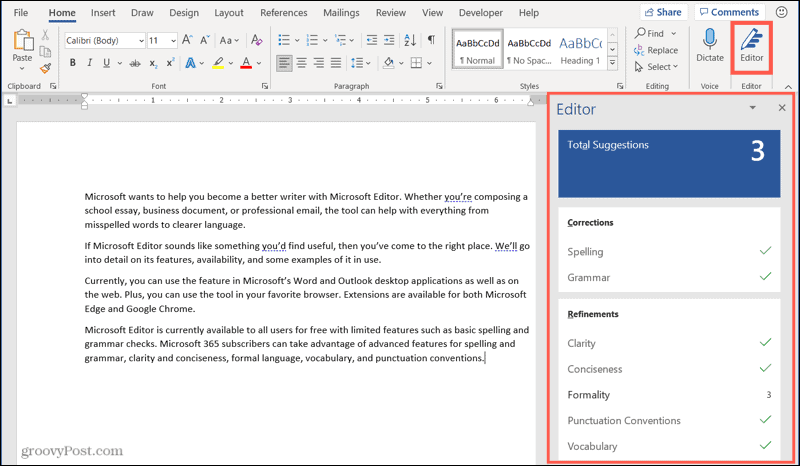 Microsoft Editor στο Word στα Windows