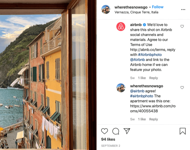 Παράδειγμα γραπτού δικαιώματος ανανέωσης instagram μεταξύ @wherethesnowsgo και @airbnb με το airbnb ζητώντας να μοιραστεί το φωτογραφία και πληροφορίες σχετικά με τον τρόπο παροχής έγκρισης και την απάντηση του @wherethesnowsgo που εξουσιοδοτεί την αναδημοσίευση του εικόνα