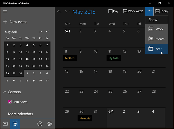 Εφαρμογή ημερολογίου για τα Windows 10 Builder Insider 11099 Παίρνει προβολή έτους