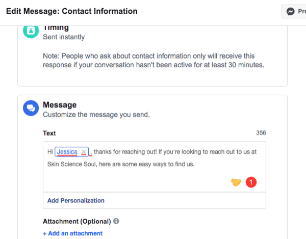 στιγμιότυπο οθόνης της διεπαφής ρύθμισης για αυτόματη απάντηση στο Facebook Messenger Contact Information