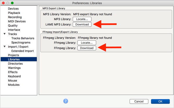 Εγκαταστήστε τον προαιρετικό κωδικοποιητή LAME MP3 και τη βιβλιοθήκη FFmpeg με το Audacity.