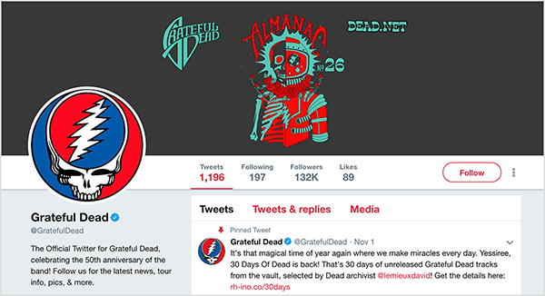 Αυτό είναι ένα στιγμιότυπο οθόνης της σελίδας Grateful Dead Twitter. Η φωτογραφία εξωφύλλου έχει μαύρο φόντο και κόκκινη και τυρκουάζ εικόνα ενός ατόμου με μισό σκελετό και μισό αστροναύτη. Η φωτογραφία προφίλ είναι το λογότυπο Grateful Dead, που είναι ένας κύκλος με μισό μπλε και μισό κόκκινο. Μέσα στον κύκλο υπάρχει ένα λευκό κρανίο. Στην περιοχή του εγκεφάλου του κρανίου υπάρχει ένας άλλος κύκλος που είναι μισός κόκκινος και μισός μπλε, και ένας λευκός κεραυνός χωρίζει τον κύκλο σε δύο. Ο Seth Godin λέει ότι οι συναυλίες του Grateful Dead προσφέρουν μια εμπειρία που αντικατοπτρίζει τις αρχές της εμπιστοσύνης και της έντασης που συζητά στο νέο του βιβλίο για το μάρκετινγκ.