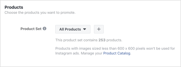 Κάντε κλικ στο σύμβολο + στην ενότητα Προϊόντα στο επίπεδο διαφήμισης της καμπάνιας σας στο Facebook.