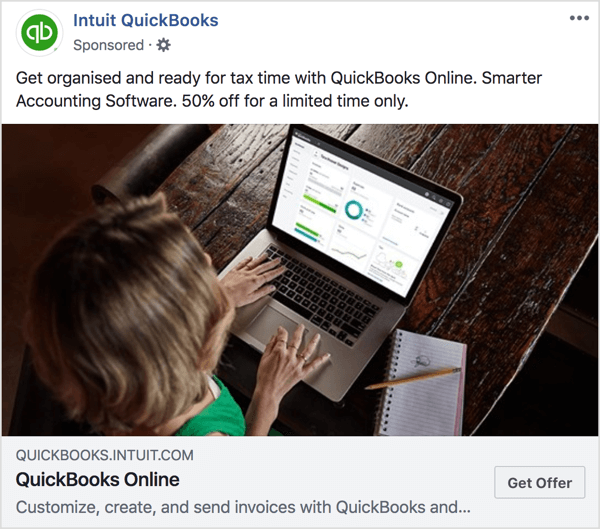 Σε αυτήν τη σελίδα διαφήμισης και προορισμού Intuit QuickBooks, παρατηρήστε ότι οι χρωματικοί τόνοι και η προσφορά είναι συνεπείς.