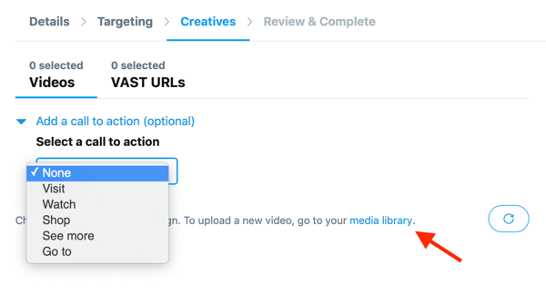 Επιλογές για να ορίσετε μια παρότρυνση για δράση για το βίντεό σας που φιλοξενείται από το Twitter για τη διαφήμιση Twitter σε ροή βίντεο σε ροή