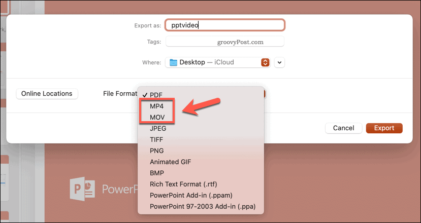 Επιλογή της μορφής αρχείου εξαγωγής στο PowerPoint σε Mac
