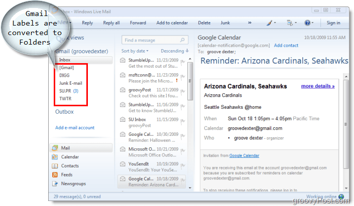 πελάτη ηλεκτρονικού ταχυδρομείου για τα παράθυρα ζωντανής αλληλογραφίας, οι ετικέτες του gmail μετατρέπονται σε φακέλους στα Windows Live Mail