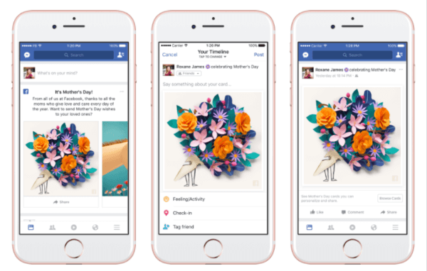 Το Facebook παρουσίασε εξατομικευμένες κάρτες, θεματικές μάσκες και πλαίσια στην κάμερα του Facebook και μια προσωρινή αντίδραση "Ευγνώμων" προς τιμήν της Ημέρας της Μητέρας.